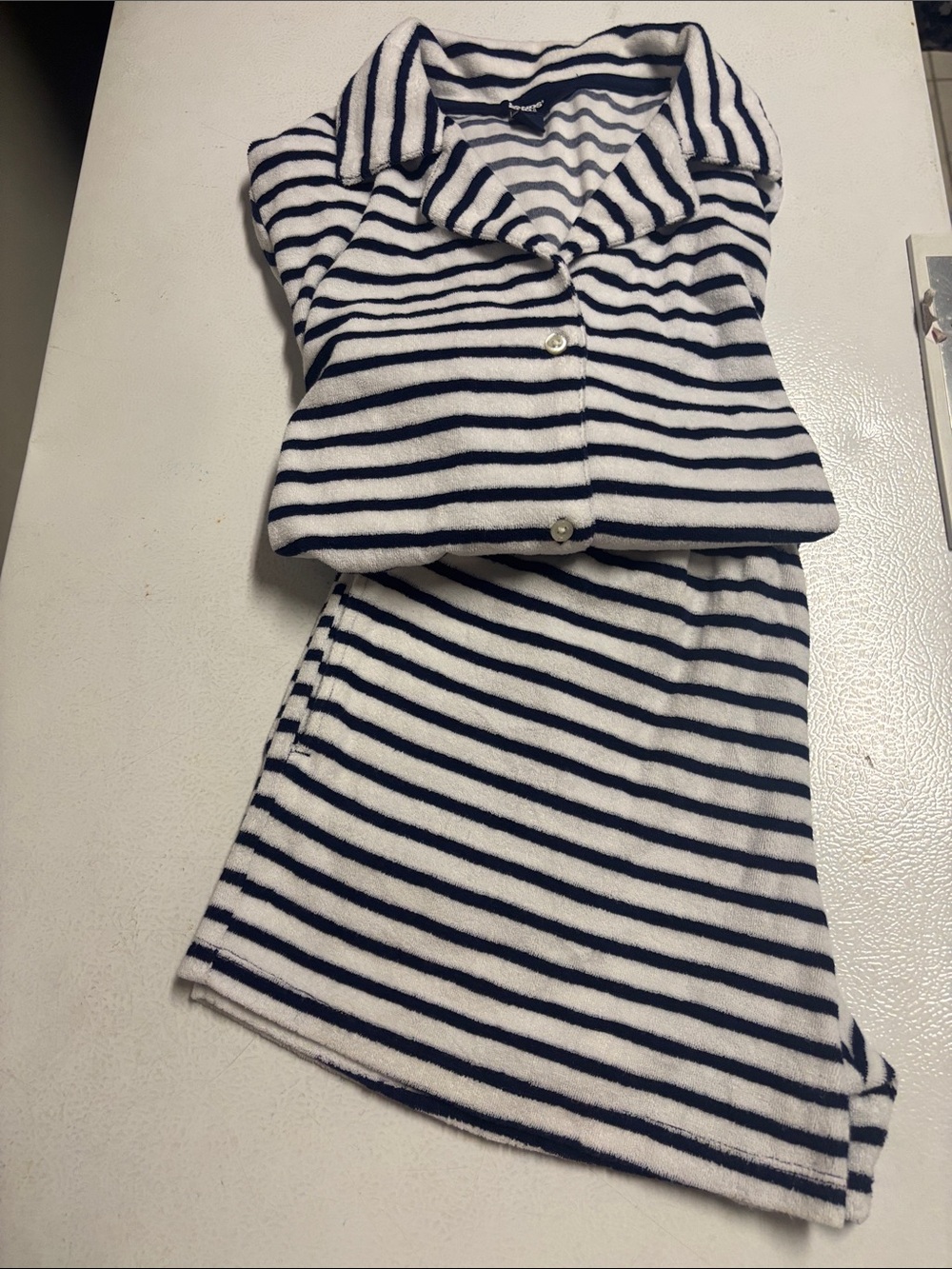Lands' End Terry Swim Coverup Navy and White Striped Shorts Set